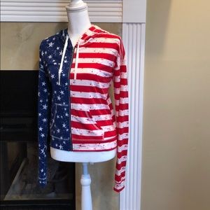 Jacket front zip up with hood, red white and blue